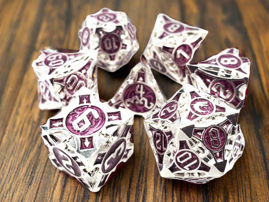 Old School Dice: 7ct DnD RPG Metal Dice Set: Gnome Forged - Silver w/ Purple