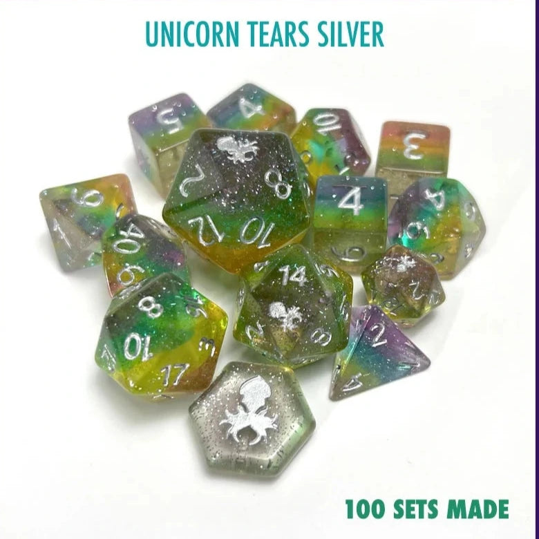 Matilda's Unicorn Tears 14pc Dice Set Inked in Silver