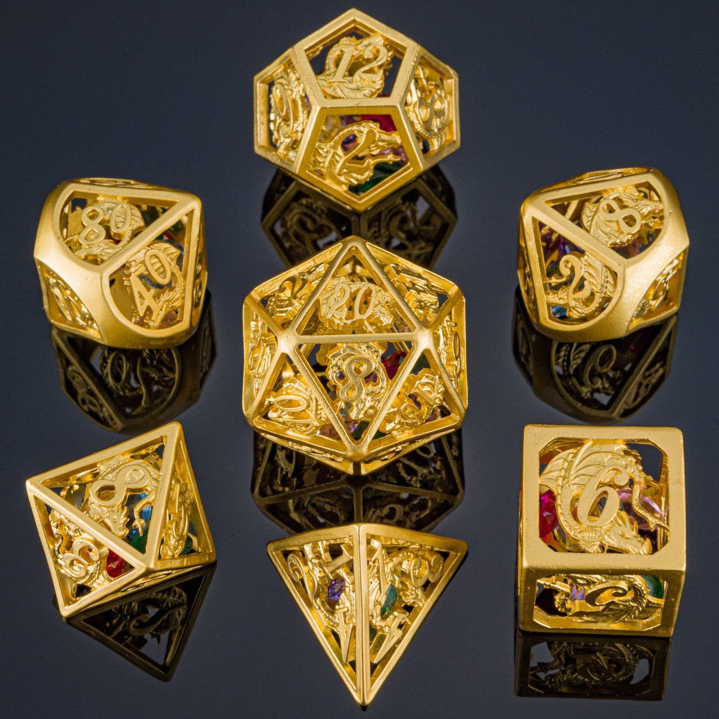 Hollow Dragon Polyhedral Dice Set Filled With Gems - Gold