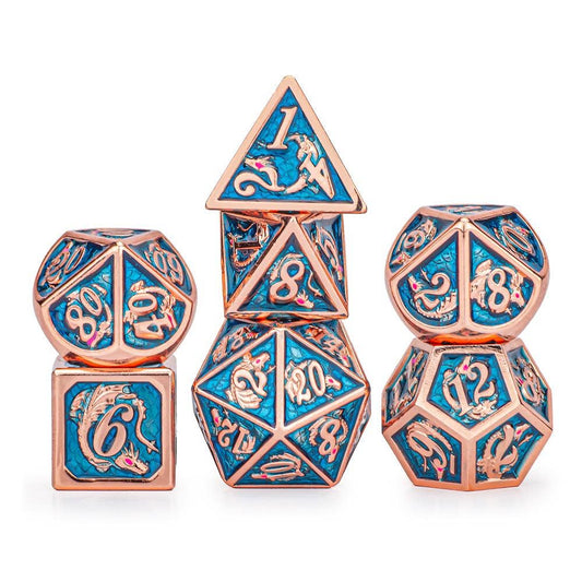 Copper with Light Blue Solid Metal Dragon Dice Set